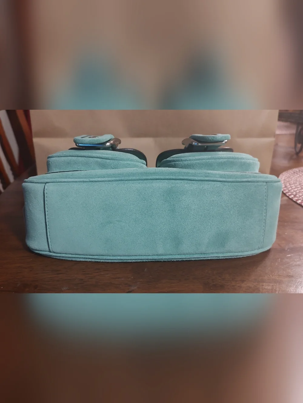 COACH Ashton Mint Green Suede Shoulder Bag with Front Buckle Pockets